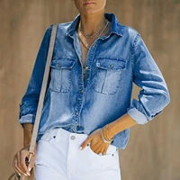 vintage blue jean women shirts tops 2022 autumn new casual turn down collar long sleeve shirt soft denim woman blouse
