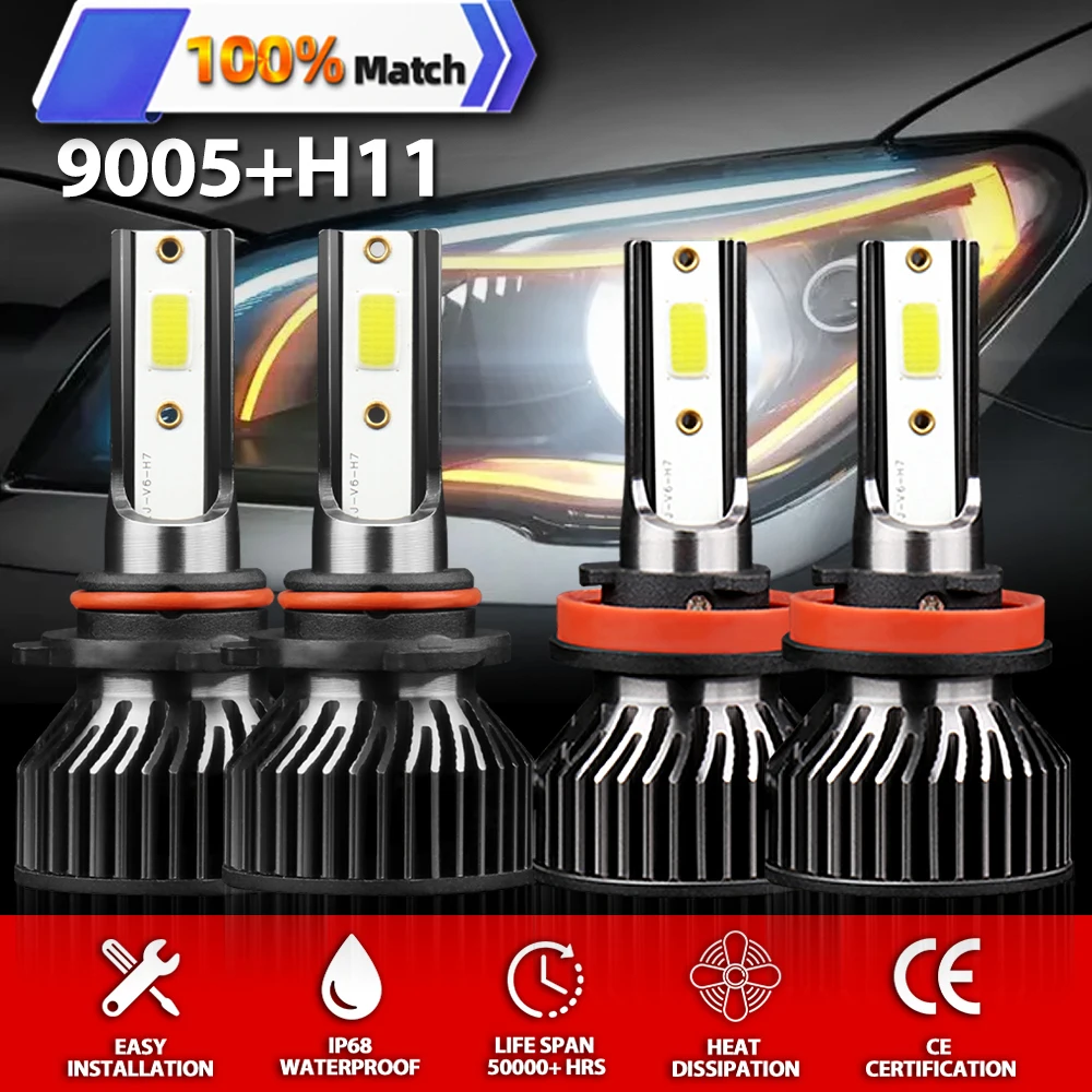 4PCS HB3 9005 H11 6000K Cold White Led Car Lamps Led Headlight High Low Beam Car Light Kit Auto Led Lights 12V 240W 40000LM