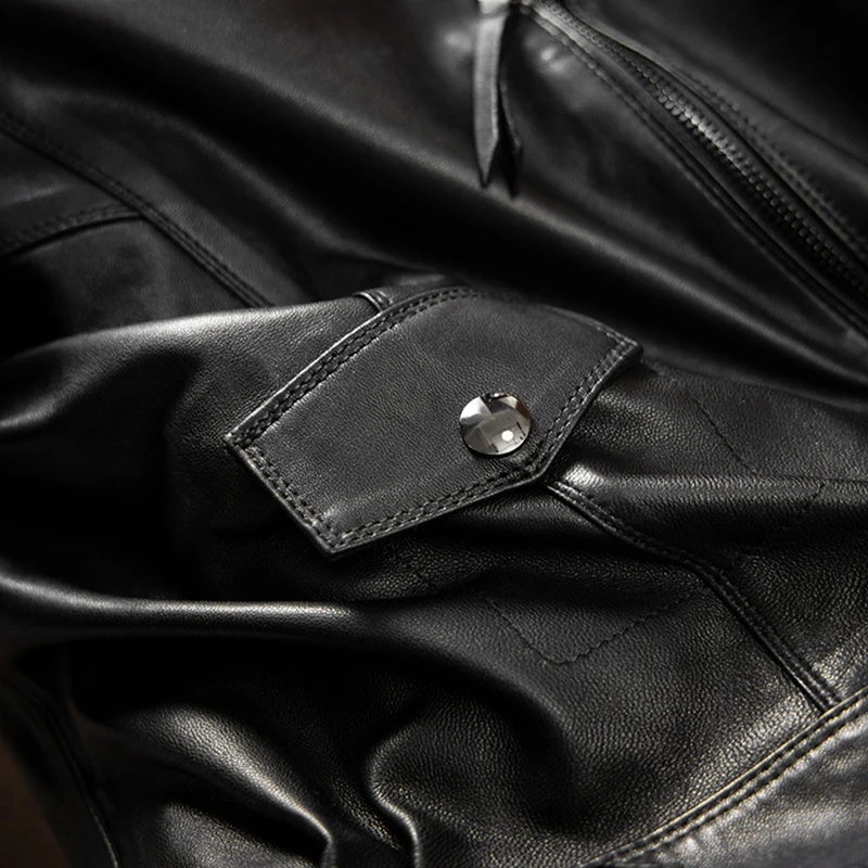 2023 Crop Top Sheepskin  High Street  Zipper  Pockets  Blazer Femme  Turn-down Collar  Spring/Summer  Genuine Leather Jacket