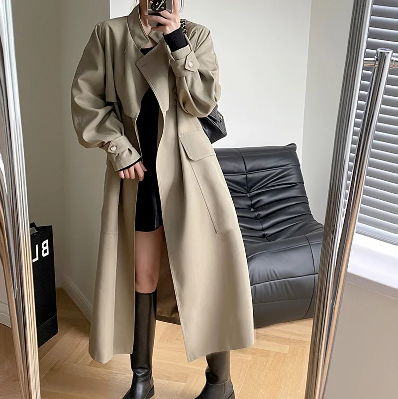 2022 Autumn and Winter New Chic Hong Kong Style Fashionable Long Windbreaker Women's Jacket Casual Slimming Belt Cardigan