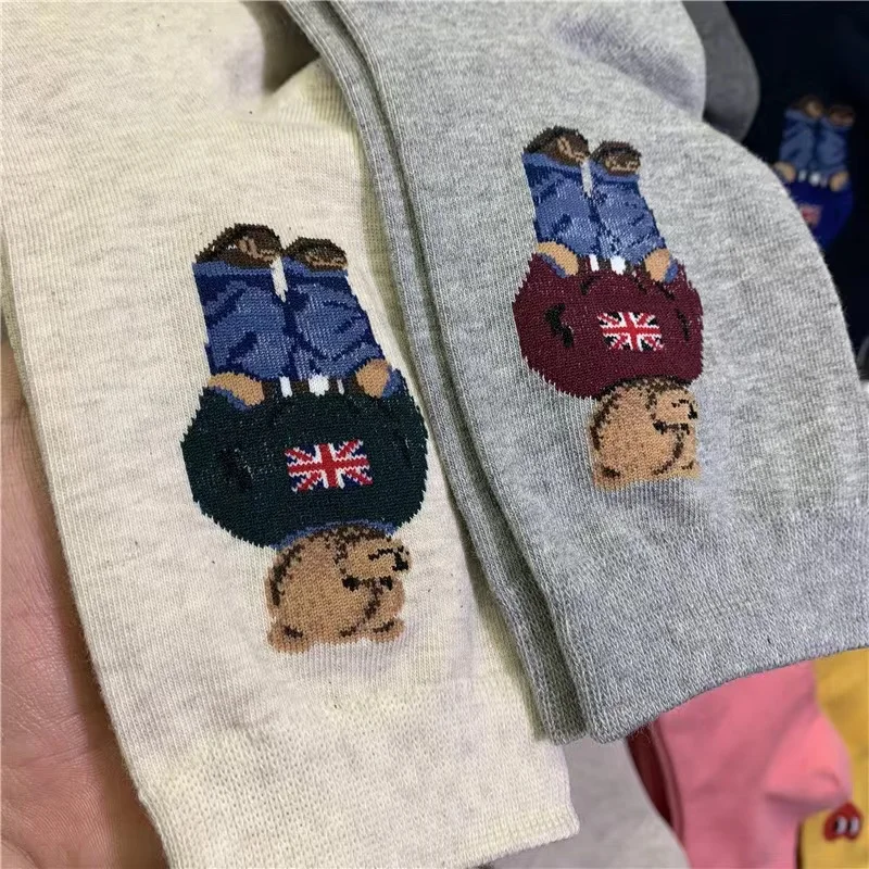 Cartoon Business Gentleman Bear Men's Socks Striped Love Cotton Harajuku Style Sport Boys Skateboard Novelty Breathable Gifts