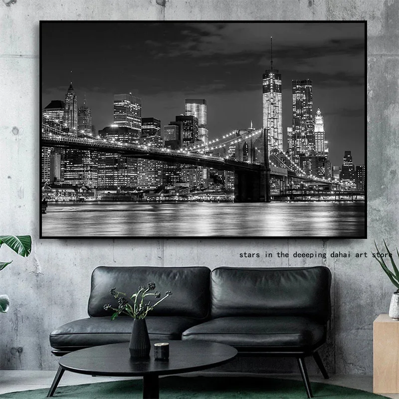 Нью-Йорк Бруклинский мост ночной вид город река ландшафт картина настенные
