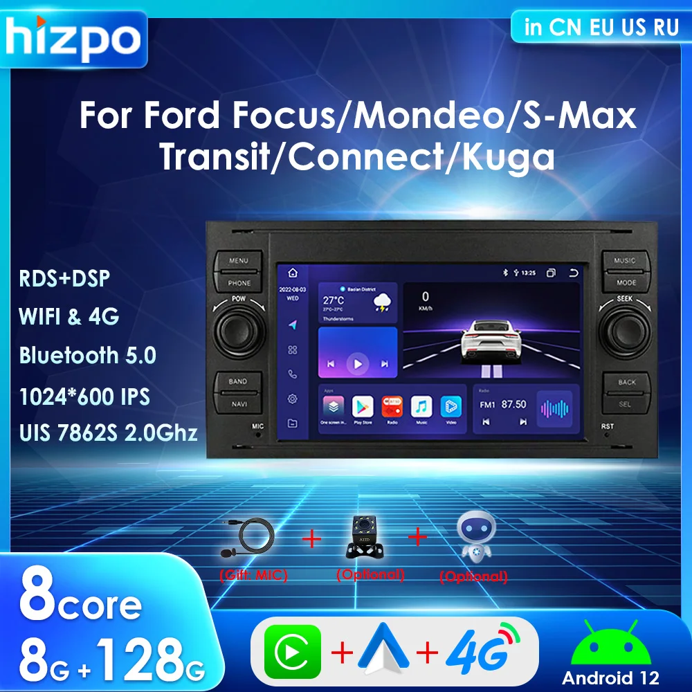 

Hizpo 2din Carplay Car Radio Multimedia Player for Ford Focus Mondeo Fiesta C-MAX Galaxy Transit Fusion Connect Kuga GPS RDS 4G