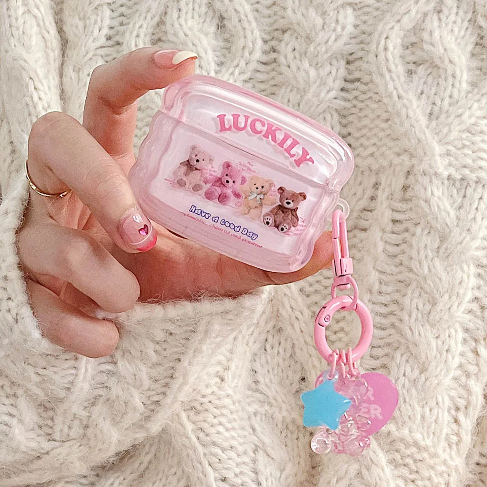 Розовый медведь Lucky чехол для наушников AirPods 3 защитный со звездным брелком Airpods 1 2
