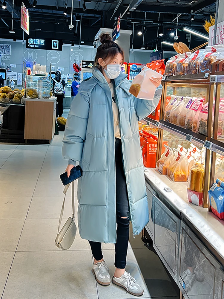 2023 Korean Jacket Women Winter X-long Parkas Solid Hooded Thicken Warm Female Snow Wear Coat Padded Loose Clothes