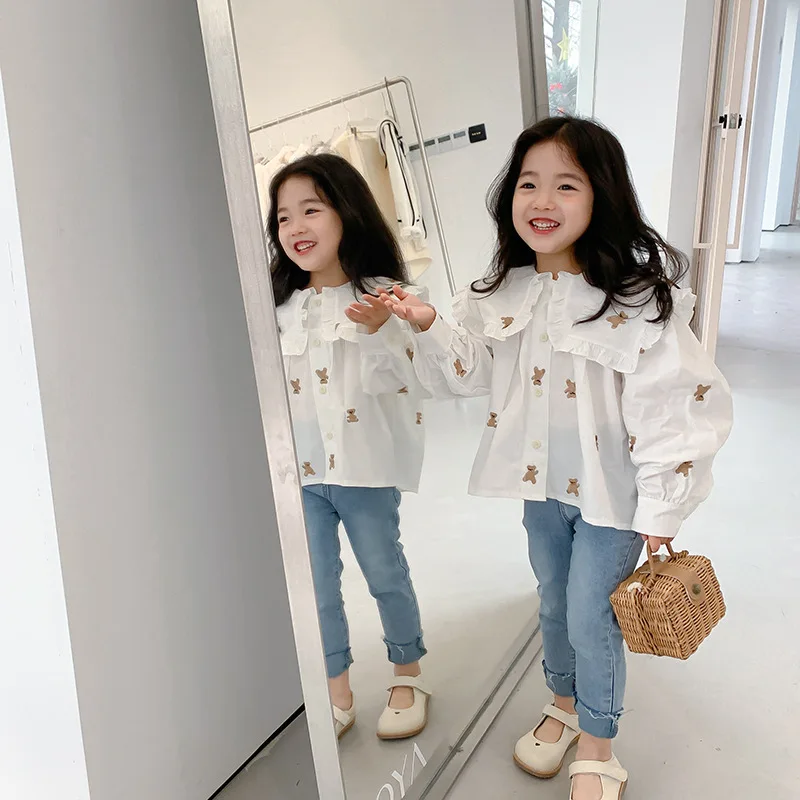 

Cotton Sleeve Girls Tops Long Shirts Clothes Toddlers Baby Summer Kids Blouse Collar Clothes Autumn Children Peter Pan