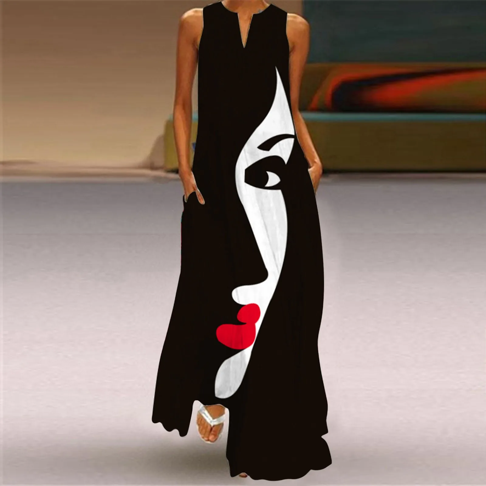 

Women Summer Casual Sleeveless Print V Neck Maxi Loose Dress Boho Beach Long Sundress With Pockets V Neck Dresses for Women