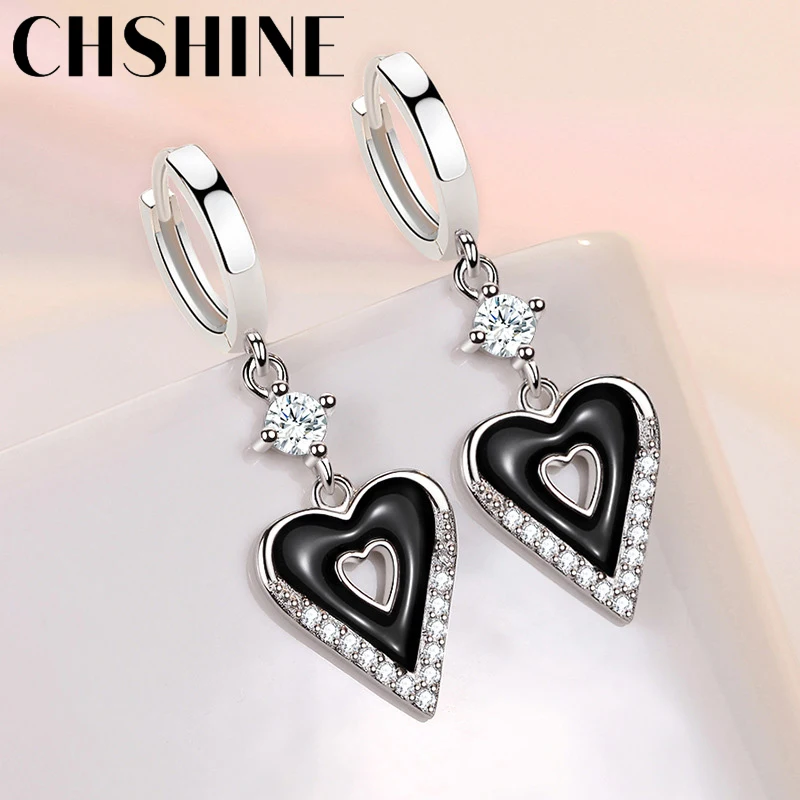 

CHSHINE 925 Sterling Silver Black Peach Heart Zircon Earrings for Women's Wedding Gifts Fashion Jewelry