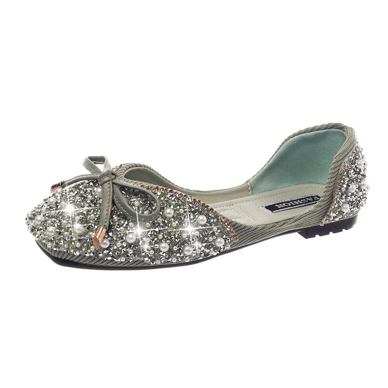 Rhinestone Sandals New Summer Shoes for Women Korean Style Square Toe Soft Sole Flats Fashion Bowknot Bling Woman Casual Sandals