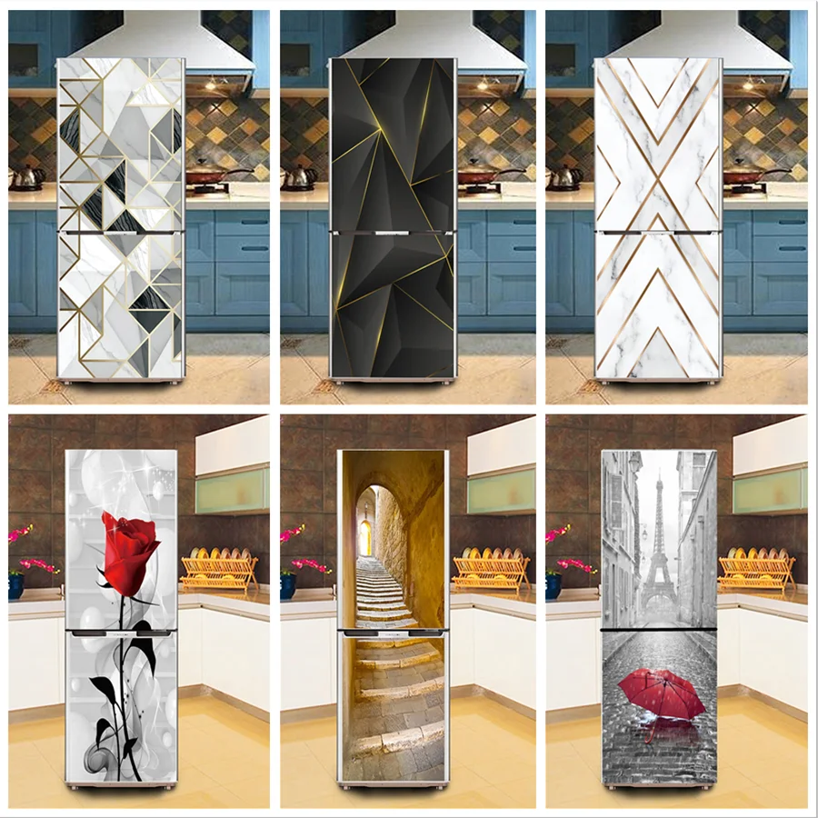 

3D Marble Fridge Stickers Door Cover Refrigerator Wallpaper Self-adhesive Freezer Line Vinyl Film Decor Decal Art Mural Kitchen