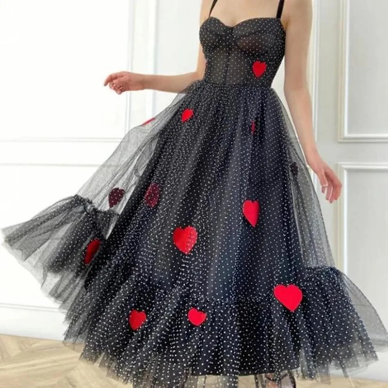 

Women Summer Strap Shoulder Fairy Dress Black Sexy Woman Dot Tulle Sweet Red Heart Print Mesh French Sleevess Pleated Long Dress