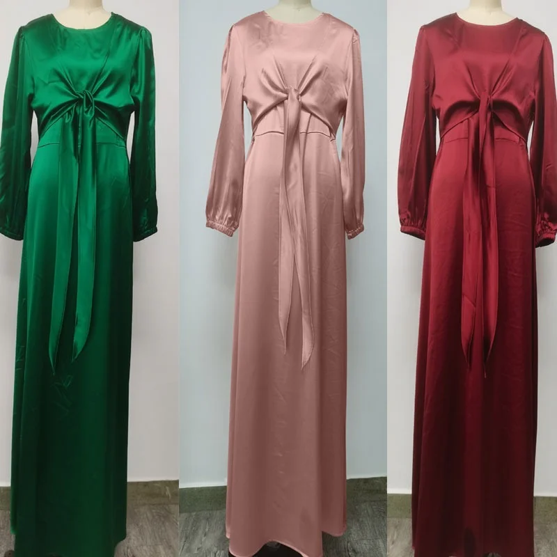 Eid Satin Long Dress Dubai Abaya Women Muslim Wrap Front Elegant Long Sleeve Hijab Dresses Party Robe Islamic Turkey Clothes