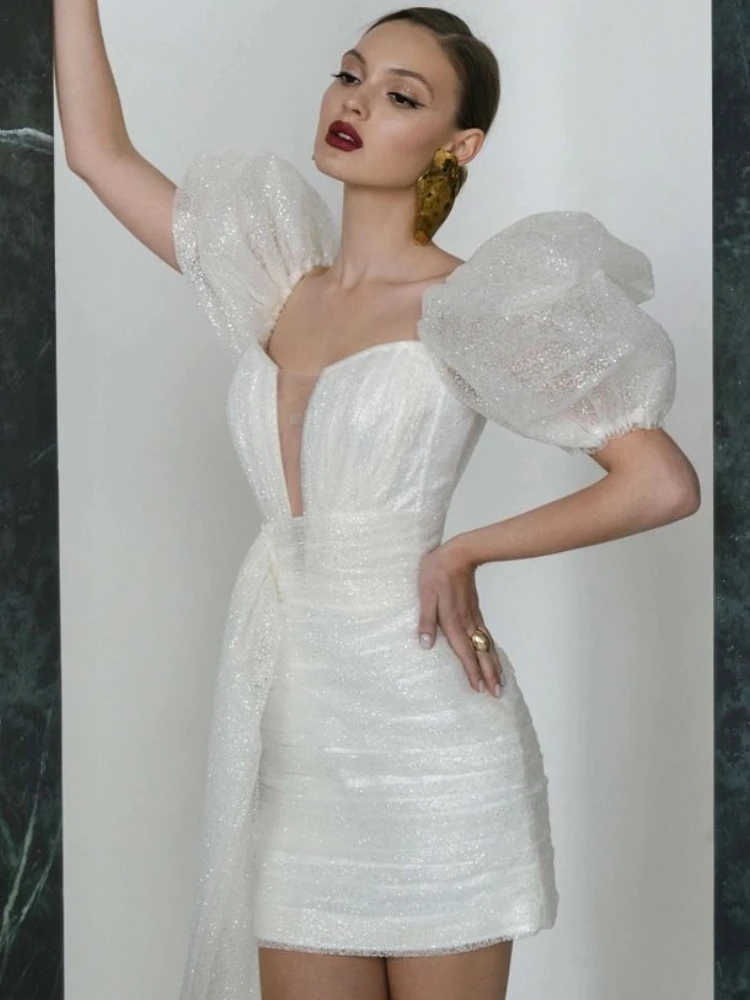 

Женское белое платье, вечерние, длинные, сексуальные, с блестками, с пышными рукавами, для высоких уличных танцев, свадьбы, выпускного вечера...