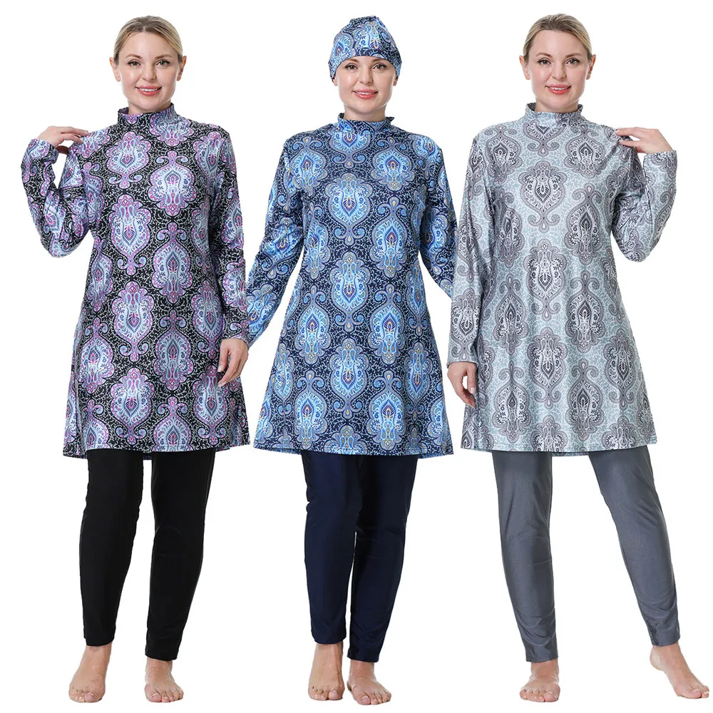 

Plus Size 8XL Women Muslim Print Swimwear Hijab Long Sleeve Swimsuit Arabic Islam Full Cover Modest Set Bathing Burkini Costumes