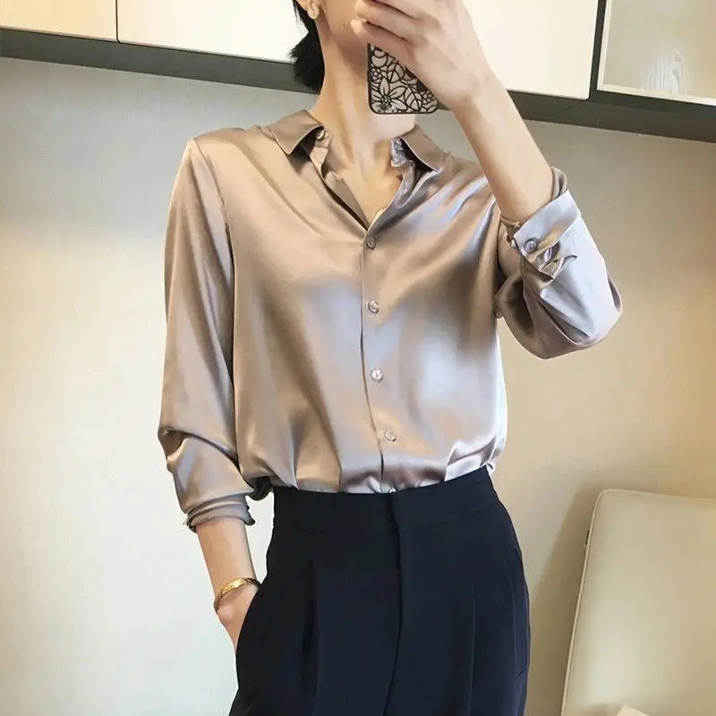 

Clothing Long Sleeve Top for Woman Office Outfits Women's Shirts and Blouses Silk Formal Fine Elegant Satin Collar Wear To Work