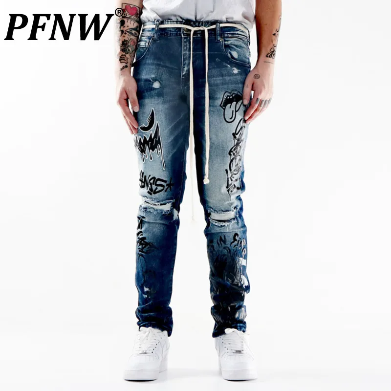 

Мужские джинсы PFNW, джинсы-карандаш в американском стиле, в стиле хип-хоп, с вышивкой и мультяшным принтом, 28A0393, для весны и осени