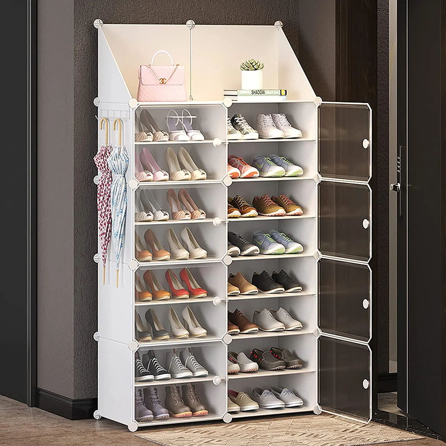 

Shoe Rack Locker With Door, Portable Shoe Cabinet, Extendable Stand, Storage 32-64 Pairs of Shoes, Boots, Slippers (2x8 Tiers)