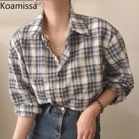 koamissa vintage plaid womens shirt casual buttons turn down collar oversize blusas tops all match bf style long sleeve blouses