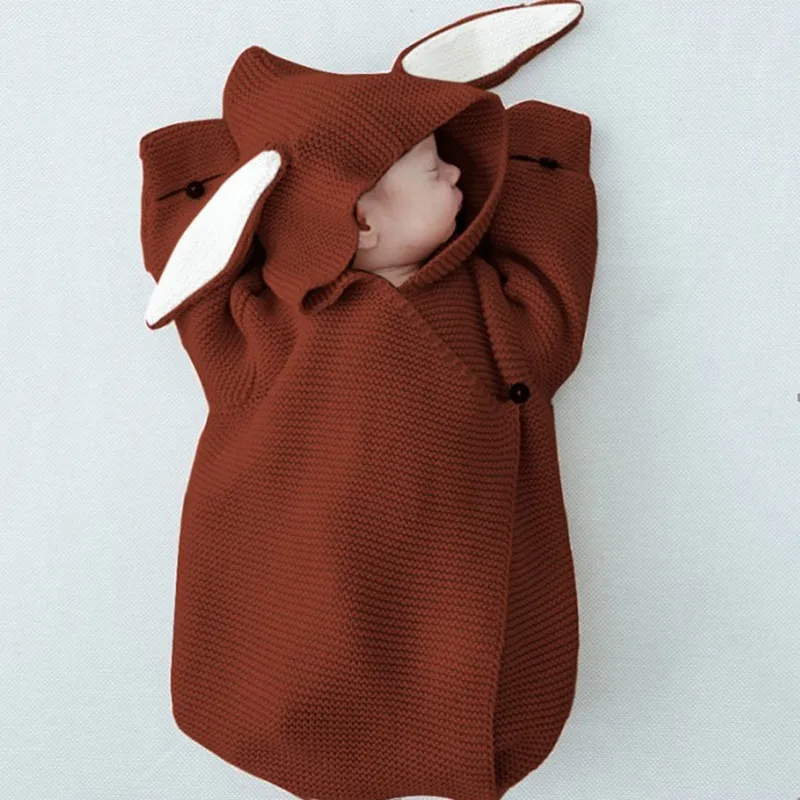 

2021 new cute rabbit ears three-dimensional sleeping bag knitted baby clothes hug quilt blanket baby jumpsuit sleeping bag baby
