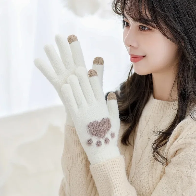 

Fashion Cat Paw Printing Gloves Mobile Phone Touchscreen Knitted Gloves Winter Thick & Warm Adult Soft Fluffy Gloves Men's Women