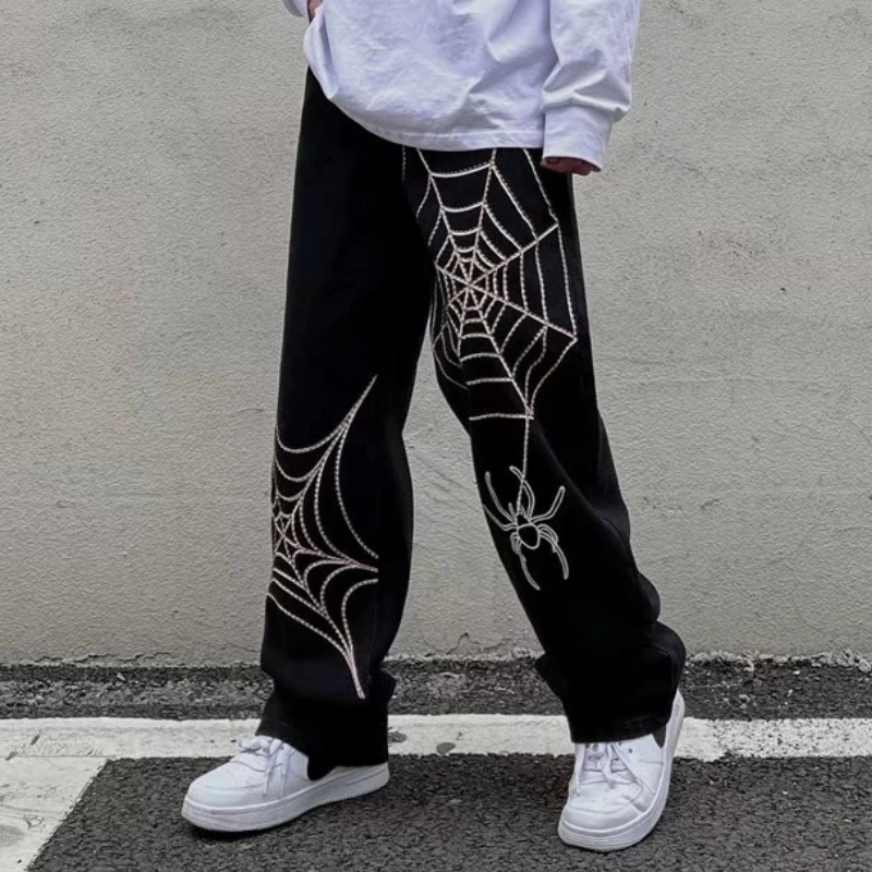 Spider Web Embroidery Straight Casual Hip Hop Jeans Y2k Men Women High Street Loose Wide Leg Denim Pants Streetwear Trousers