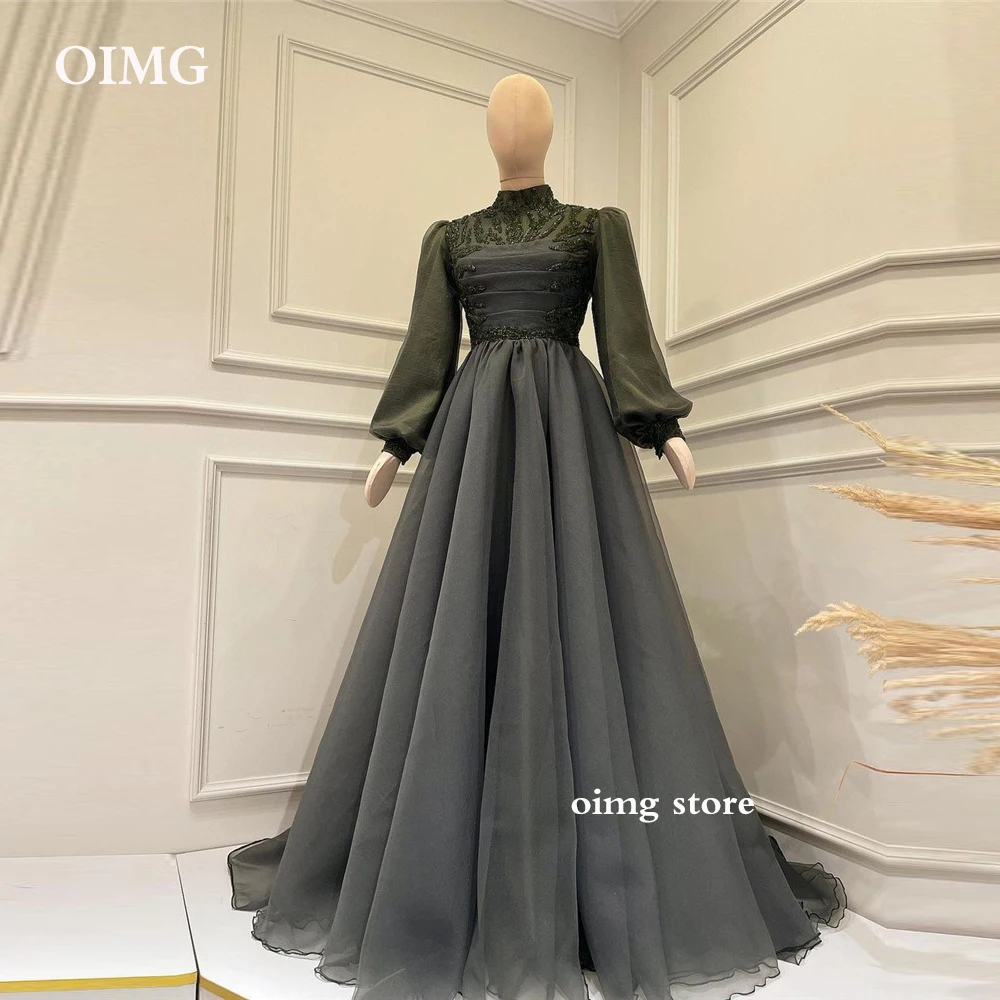 

OIMG Modest Dubai Arabic Women Evening Dresses Long Sleeves High Neck Organza Embroidery Beads Pleats Vintage Formal Prom Gowns