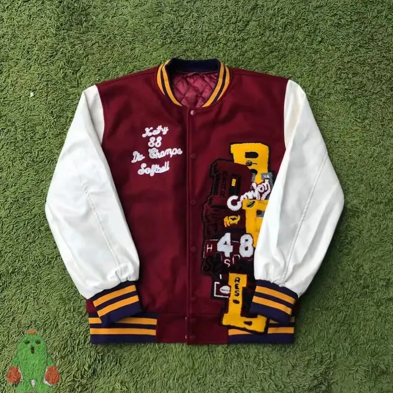 

Best Quality High Street TRAVIS SCOTT Jacket Leather Sleeves Stitching Embroidery Baseball Uniform Coats