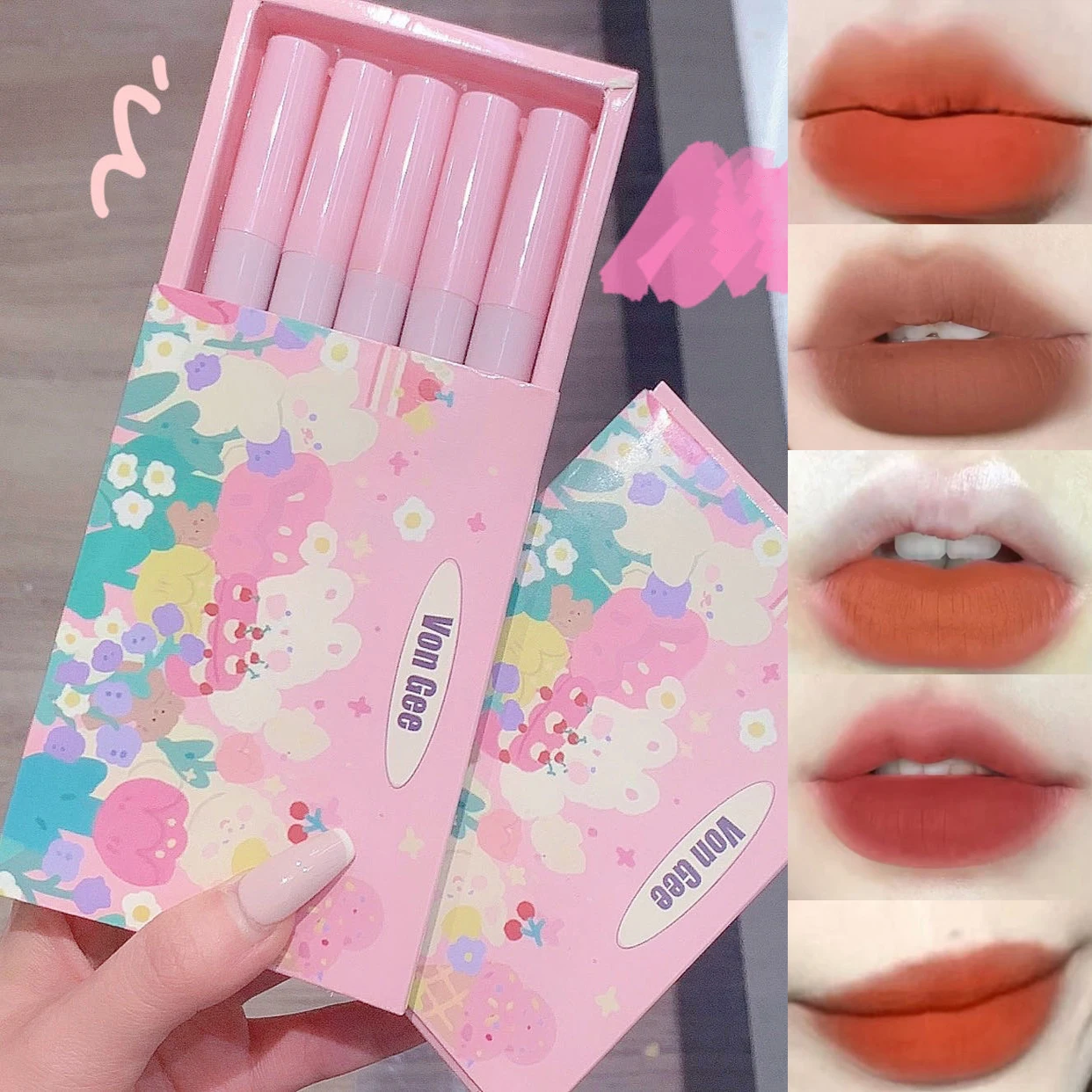 

New 5Pcs Cute Lipstick Lip Glaze Set Liquid Lip Tint Cream Pigment Long Lasting Silky Texture For Lips Women Makeup Cosmetics