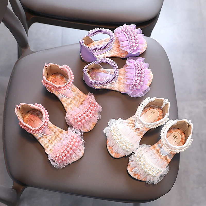Girl's Sandals Lace Pearl Zipper Sweet Luxury Summer Children Sliders Open Toe 21-36 Toddler Fashion Soft Dance Kids Sliders