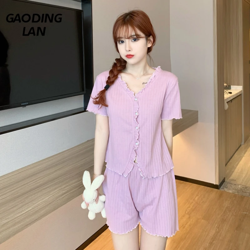 

GAODINGLAN Summer Women Short Sleeve V Neck Cardigan Pajamas Set Solid Color Cotton Shorts Nightwear Suit Sweet Home Sleepwear