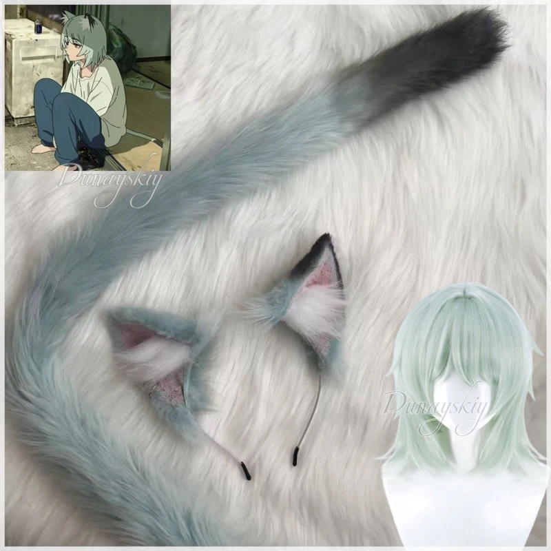 Фото Yani Neko Yani Satō Серые кошачьи ушки и хвост, парик для косплея, пушистая повязка на голову с кошачьими ушками, темно-серые с градиентом, серый кошачий хвост, Хэллоуин №1