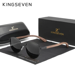 KINGSEVEN 2022 New Handmade Walnut Wood Round Sunglasses Men Women Polarized Mirror Sun Glasses Male
