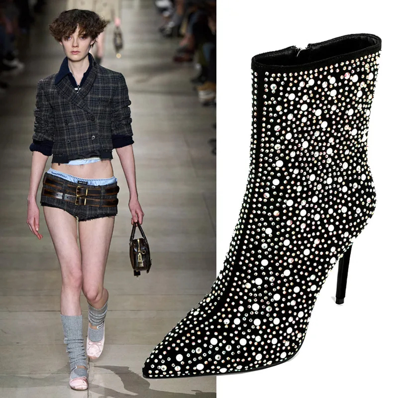 

Sexy Pointy Toe Shiny Rhinester Ankle Boots Side Zipper Super High Heels Runway Botines Large Size Women Short Botas Femininas