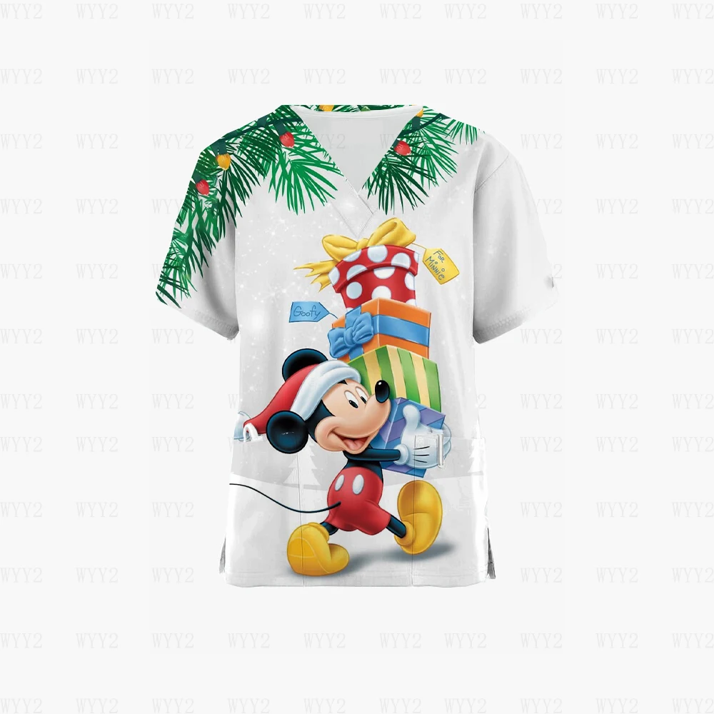 

Disney Mickey Minnie Print Nurse Medical Uniform V Neck Short Sleeve Pocket Coverall Top Frosted Medical Accessories Uniform