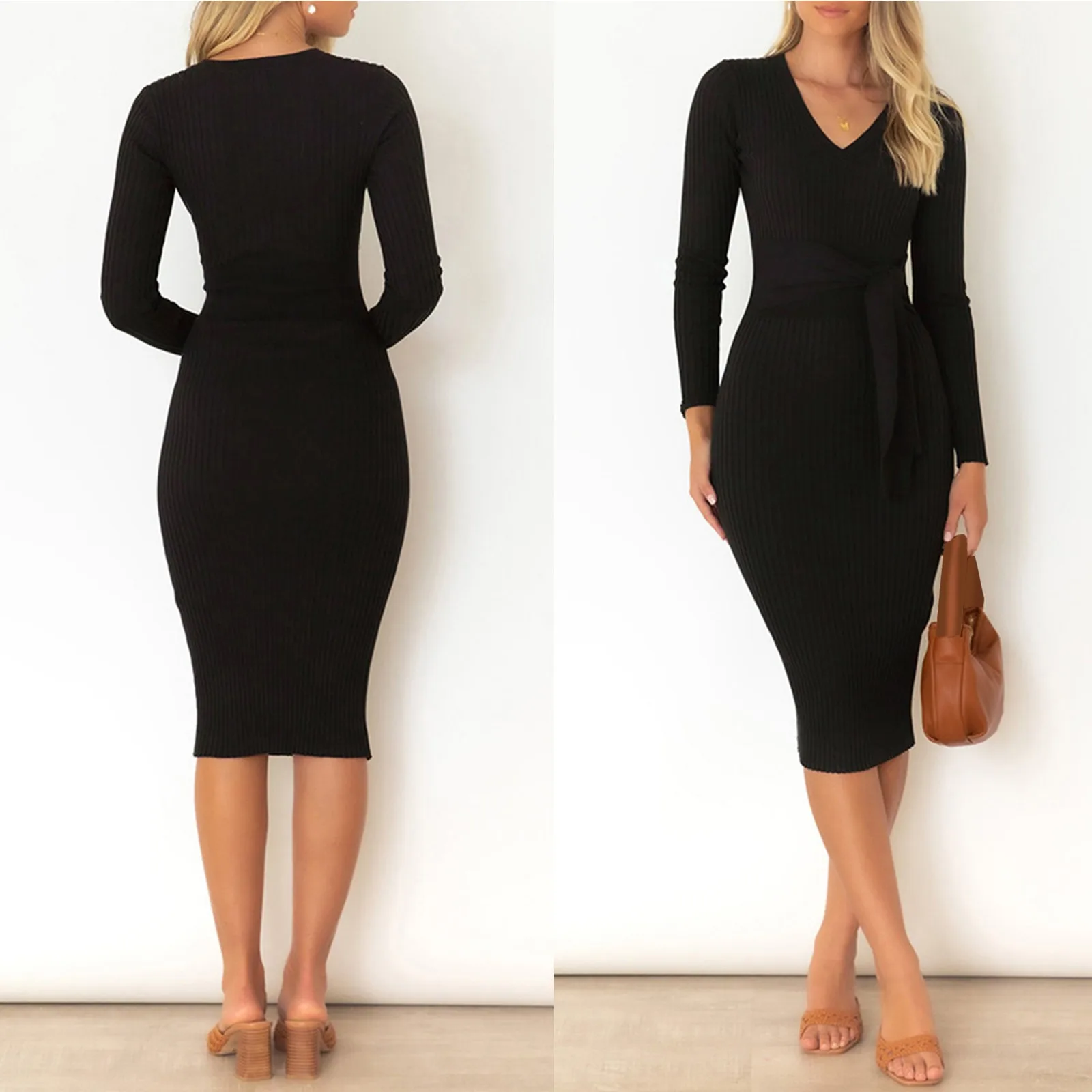 

Womens Solid Color Slim Fit V Neck Knit Sweater Dress Apparel Dress