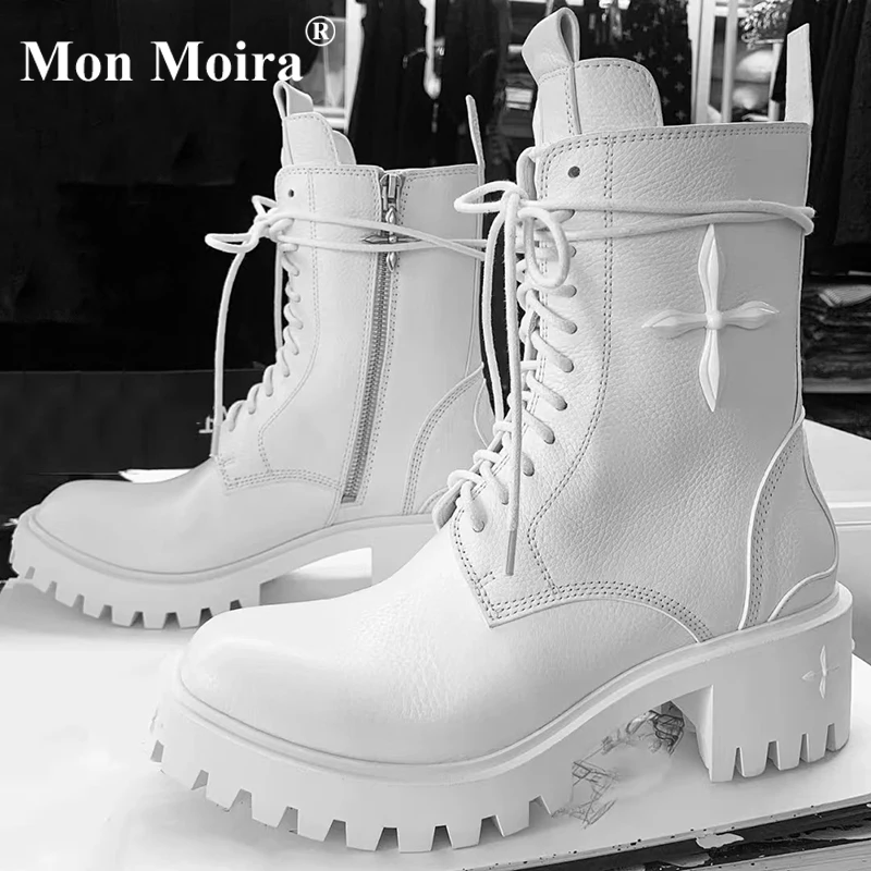 

Женские мотоциклетные ботильоны MONMOIRA, ботинки из натуральной кожи на платформе и толстом каблуке, с перекрестной шнуровкой, 2022