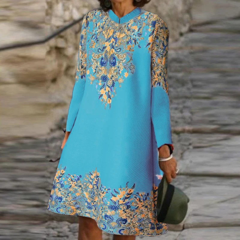 

Женское винтажное платье с цветочным принтом, классическое свободное платье миди с длинным рукавом и круглым вырезом, элегантное офисное платье для весны