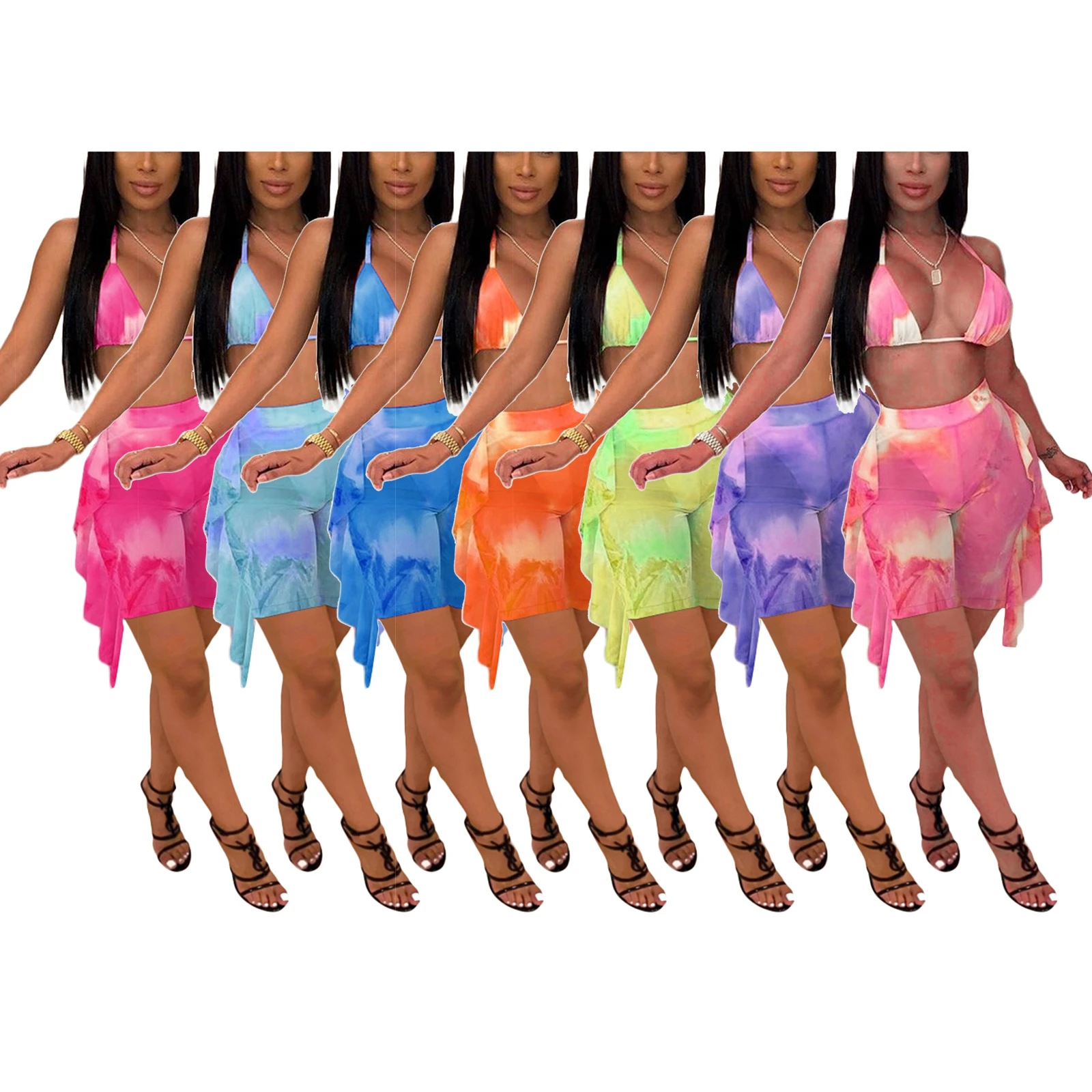 

Женские купальные костюмы 2 шт., треугольный бюстгальтер с лямкой через шею и принтом с завязкой-краской + Купальник с прозрачными сетчатыми вставками и оборками и брюками