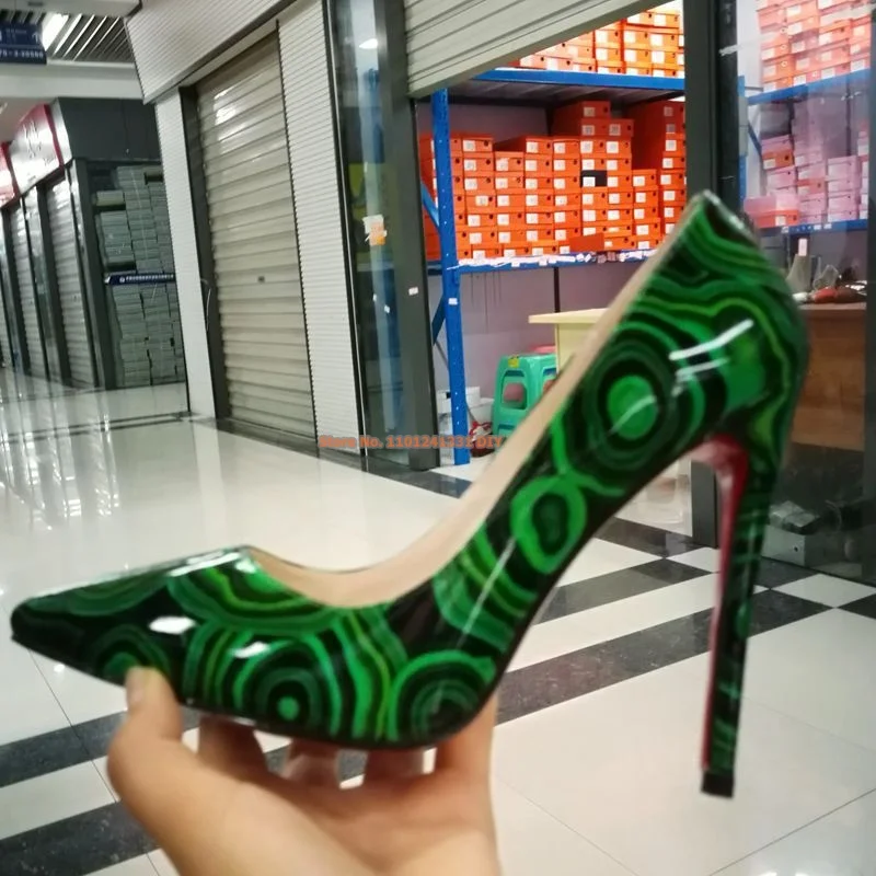 Green Whirlpool Pattern Thin High Heel Pointed Toe Female Dress Shoes Women Slip On Pumps Stiletto Heels