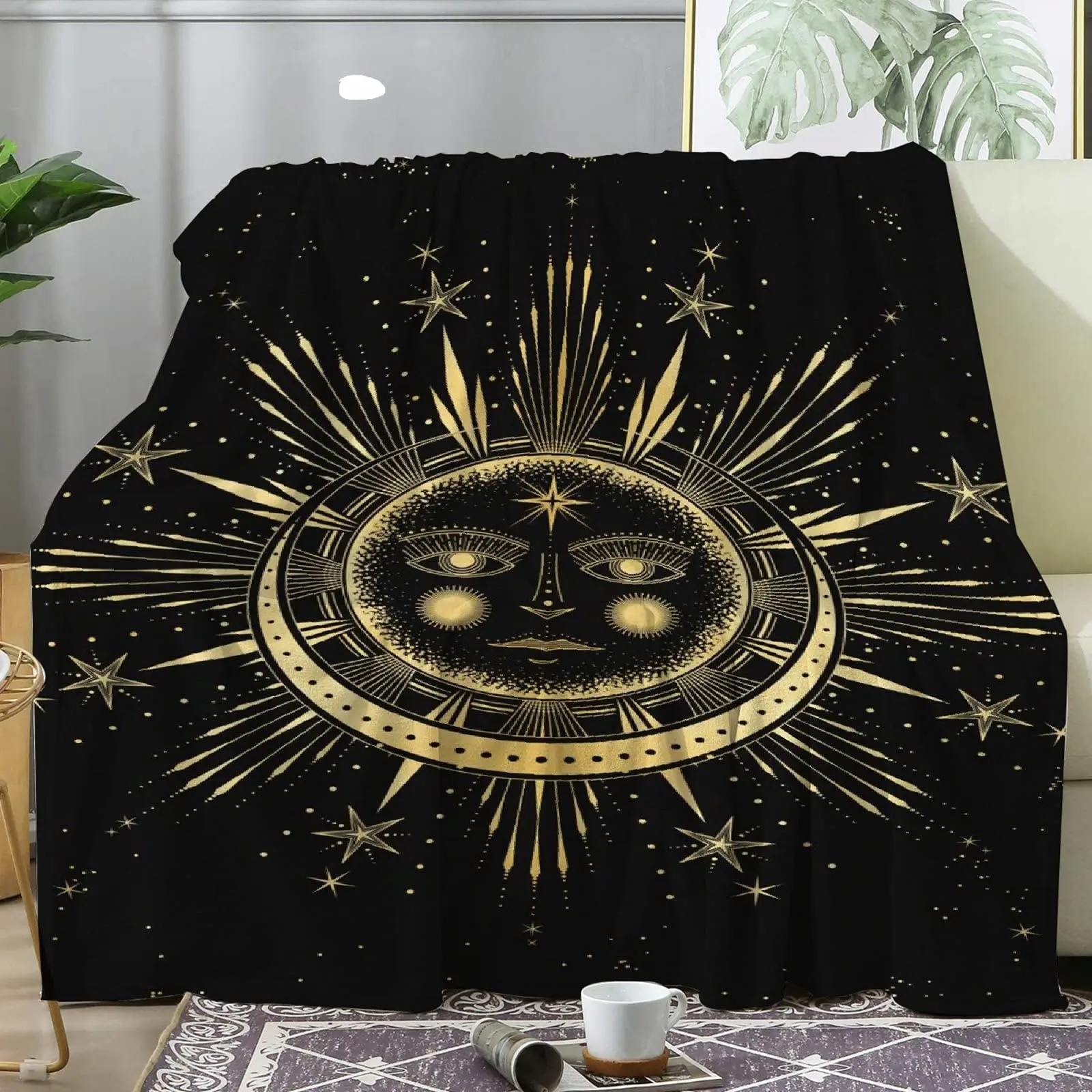 

Sun Moon Blanket Stars Space Psychedelic Black and White Print Throw Blanket for Couch Bed Sofa Travelling Camping for Kid Adult