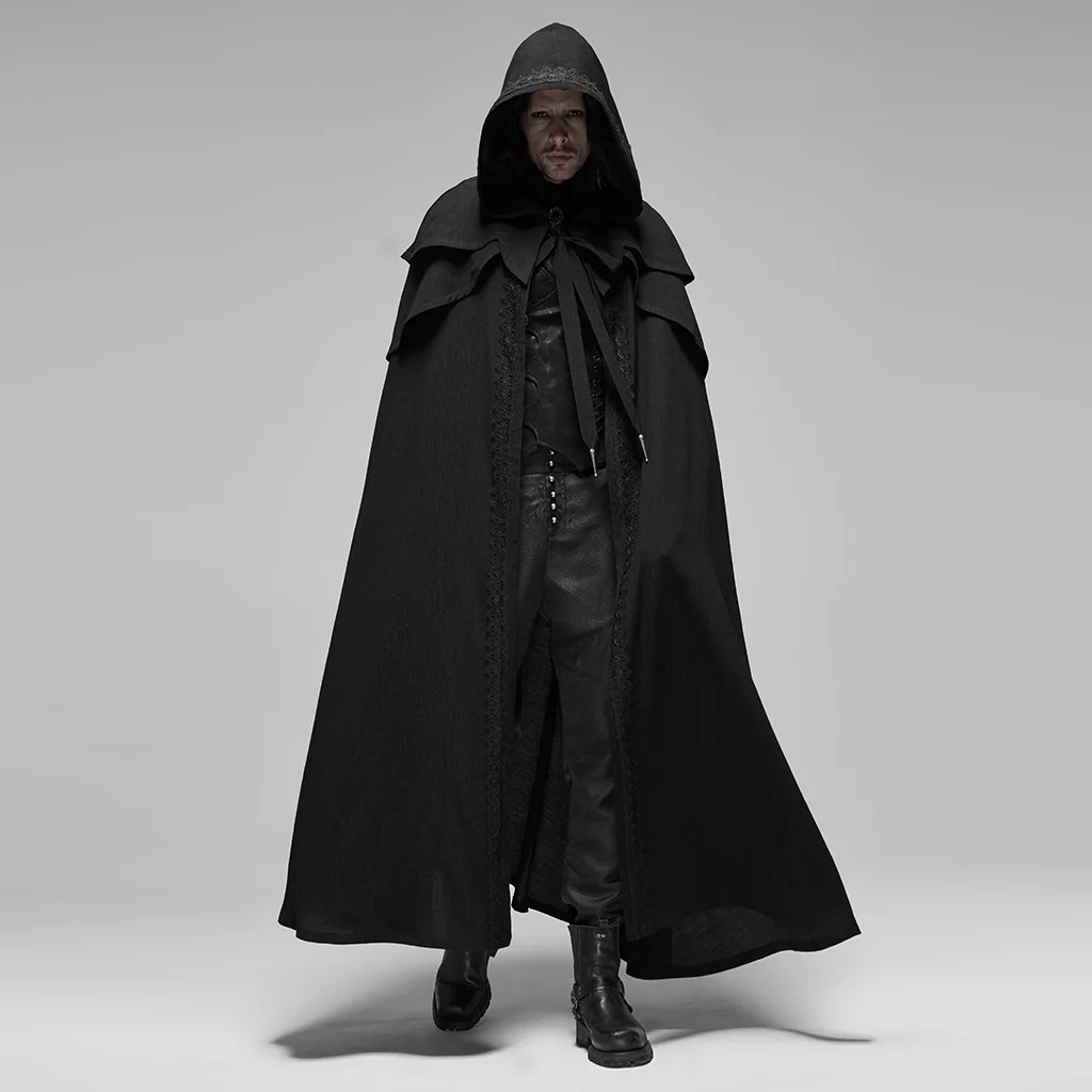 

PUNK RAVE Men's Gothic Simple Long Cloak Rococo Style Hooded Cosplay Halloween Costume Windbreak Costume Cape