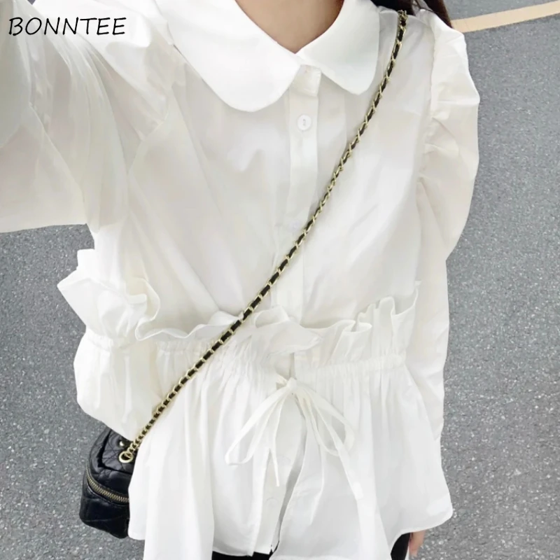 

White Long Puff Sleeve Shirts Women Shirring Turn-down Collar Fashion Vintage Leisure Simple Solid Chiffon Cute Loose Design
