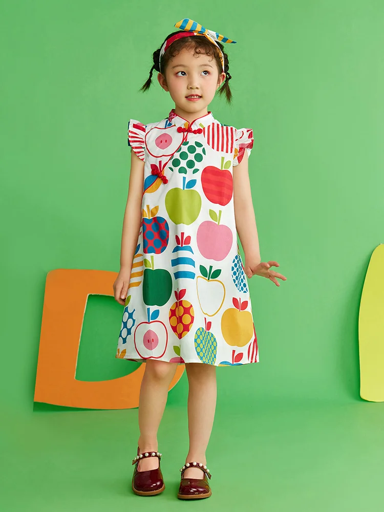 

Baby Girl 100% Cotton Summer Dress 2022 New Cheongsam Short Sleeve Slim Fit Printed Cute Kids Clothes 150cm 100CM Children Wear