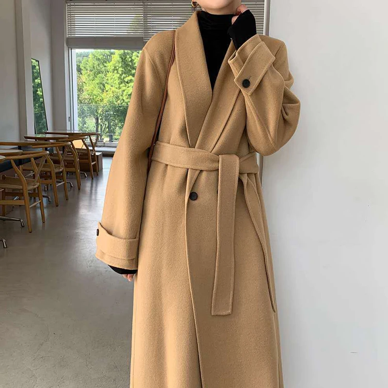 

M GIRLS Winter Women Solid Sashes Double Breasted Woolen Coats Female Thick Warm Outerwears Office Lady Korean Streetwear Coats