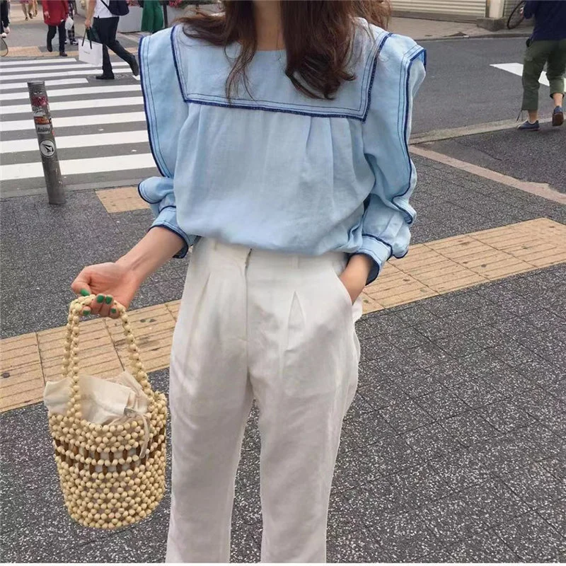 

Kio Chic Early Autumn Preppy Style Color-Hit Sweet Fashion Women Sailor Collar Tops Fresh Puff-Sleeved All-Match Shirts