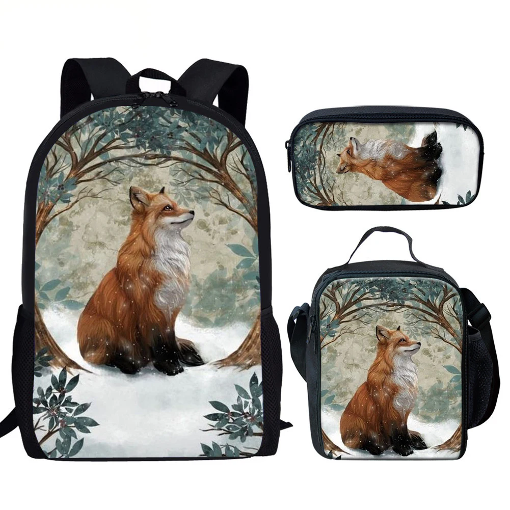 

Fox Backpack 3 Piece Set Winter Snowy Ground Lovely Animal Schoolbag Daypack for Teens Student's Book Bags Pencil Case Lunch Bag