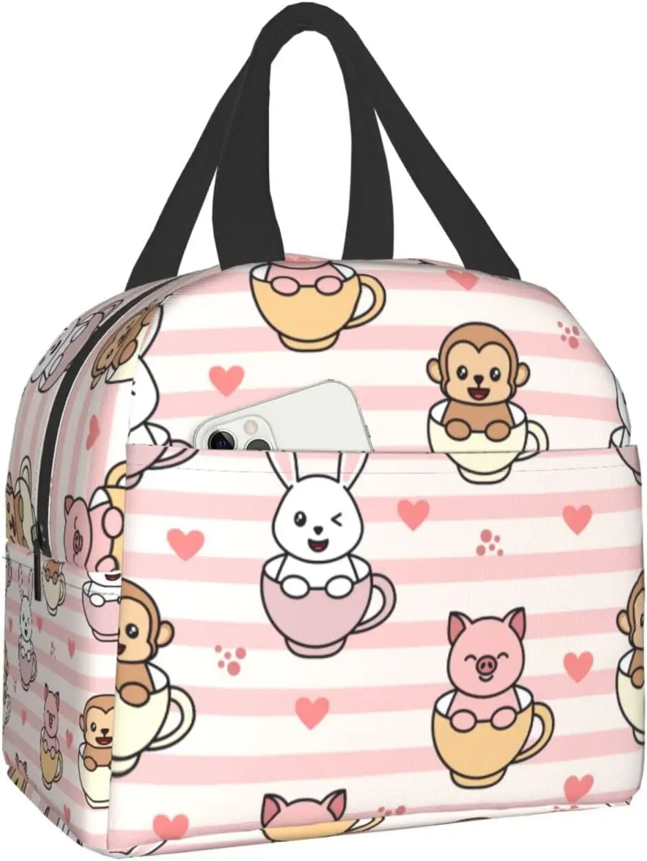 

Cute Monkey Rabbit and Pig in the Glass Print Lunch Box, Kawaii Insulation Lunch Bag Reusable Food Bag Lunch Containers Bags
