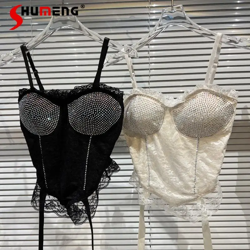 

2022 Spring New Inner Wear Crop Tops Elegant Socialite Rhinestone Chest Pad Lace Tanks Tops Slim-Fitting Suspenders Vest