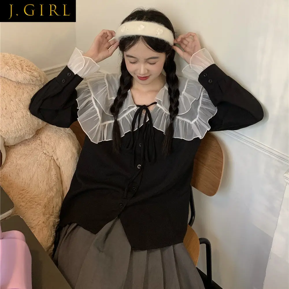 

Shirts Women Peter Pan Collar Sweet Patchwork Design Korean Style Cute Mujer Spring Retro Popular Tops Loose All-match Leisure