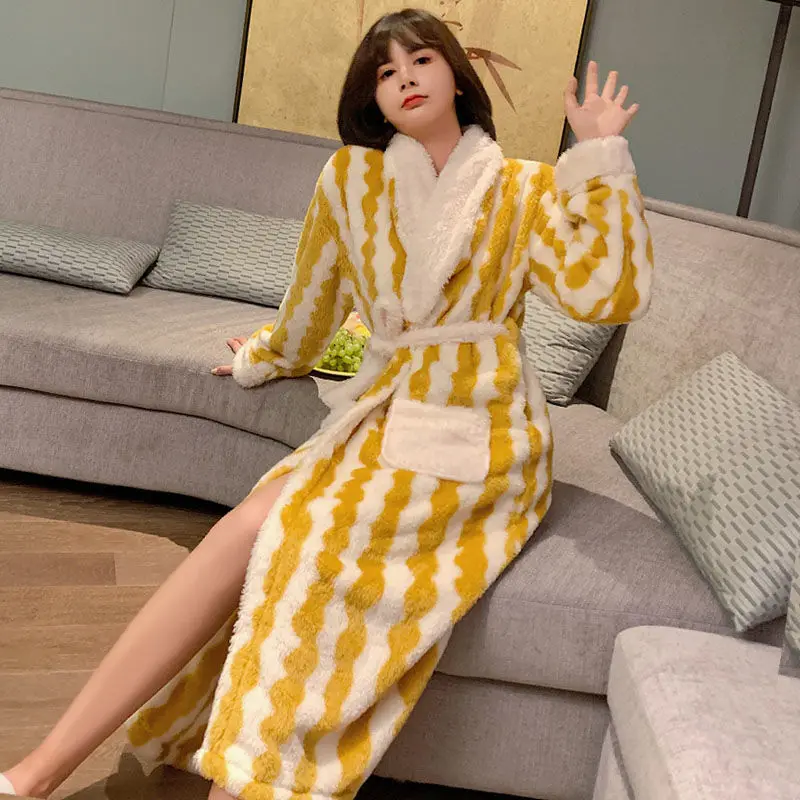 QWEEK Women Winter Plus Size Long Coral Fleece Bathrobe Kimono Warm Flannel Bath Robe Cozy Night Sleepwear Dressing Gown